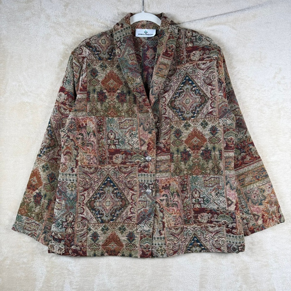 Erin London Vintage Patchwork‎ Tapestry Blazer Jacket Women's Large Multi Color